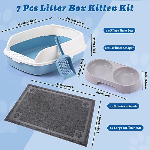 Sliner 7 Pcs Kitten Litter Box Starter Kit, 2 Plastic Small Kitty Litter Box Training Low Entry with Scoop, 2 Double Cat Bowl and Mat for Kitten Indoor(Blue) - color: Blue