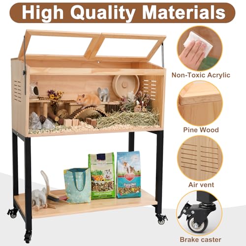 Wooden Hamster Cage with Storage Shelf, Pine, Chewproof, 32" L x 16" W x 38.0" H Large Hamster Cage, 2 Tiers Movable Small Animal Cages with Stand & Wheels, Guinea Pig Cages - size: 32.0"L x 16.0"W x 38.0"H