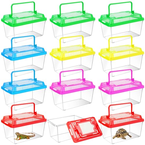 12Pcs Plastic Reptile Terrariums Carrier Cage Tarantula Enclosure Snake Breeding Box Hatching Container Transparent Fish Tank Turtle Aquarium with Random Color Lid for Spider, XS(5.1” x 3.5” x 3.5” - size: XS