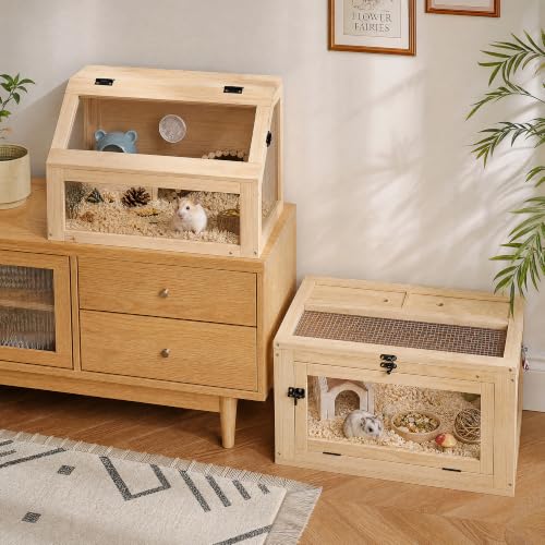 2-Tier Wooden Hamster Cage, 28"T Detachable Acrylic Habitat with Top Access | Ventilated Roof, Fold-Down Door, Closeable Passage, Dual Hideouts, Sliding Panels - color: Natural Wood, size: 23.6"L x 15.8"W x 27.6"H
