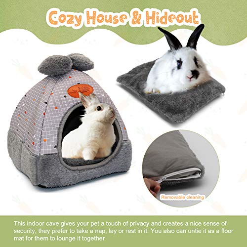 YUEPET Bunny Bed, Rabbit Hideout, Guinea Pig Cave, Grey Grid with Bow | Bunny Hideout, Removable Cushion, Foldable Sofa Use, Enclosed Cave, Foldable for Storage, Indoor Cage Use