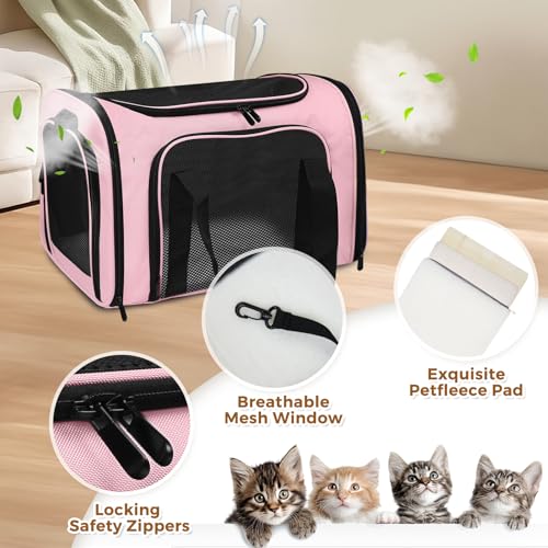 Large Cat Carrier Soft Up to 28 Lbs, Breathable Pet Bag with Steel Frame | Lockable Zippers, Fits Small Big Dog, Kitten, Puppy,Medium Travel Carrying Case for Kennel Car Airline Transport，Pink - color: Pink, size: 20"L x 13"W x 13"H
