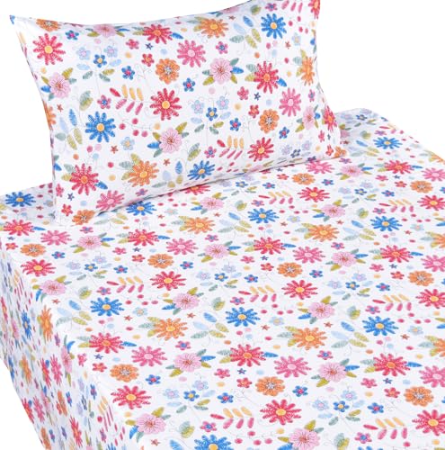 Scientific Sleep Kids Hand Sketch Flower Leaves Pastoral Garden Cute 100% Cotton 3 Pcs Twin Bed Sheet Set Kids Girls Teen, Flat Sheet & Fitted Sheet & Pillowcase Girls Room Decro Bedding Set - color: Colorful Flower, size: Twin