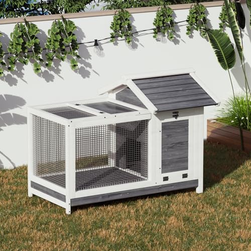 Garvee Wooden Rabbit Hutch Indoor and Outdoor, Rabbit Cage with Removable Wire Netting, Weatherproof Bunny Cage with Anti-Chew Metal Frame Ramp for Small Animals Grey