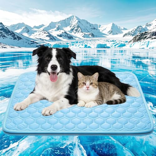 Cooling Mat for Dogs & Cats, Thick Breathable Dog Cooling Mat Q-MAX>0.45 | Chill Cool Fiber Dog Cooling Bed with Non-Slip Base, Non-Toxic Foldable Washable Crate Kennel Pad for Indoor & Outdoor Use - size: 27"*39"(Large)