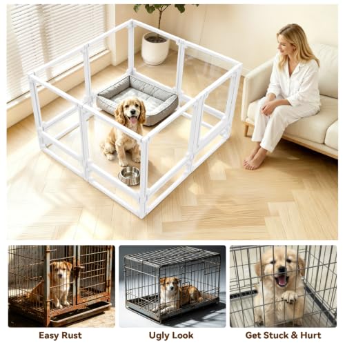 FlexiSpace Adjustable Clear Dog Play Pen, Expandable & Stackable Acrylic Dog Playpen, ONLY Dog Play Pen Indoors Grow with Your Pet Puppy Playpen (White, 34", 8 Panels) - color: White, size: 34"
