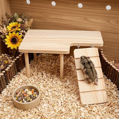 Hamster Play Wooden Platform with Ladder, 9.84x5.9x3.94in Hamster Cage Platform Small Animal Wood Stand Cage Accessories for Syrian Hamsters Mice Squirrel and Other Small Pets