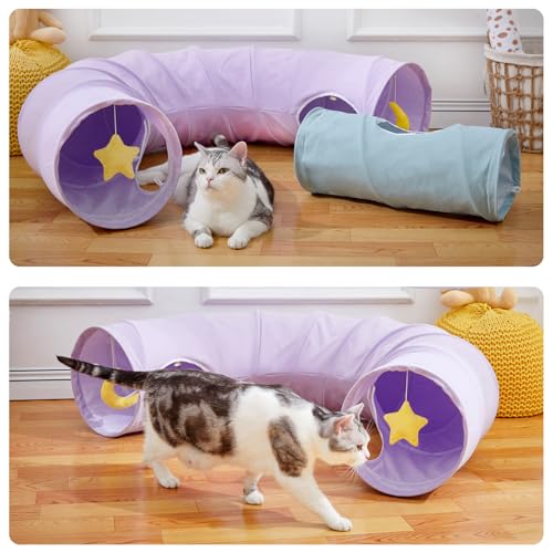 Cat Tunnel, Large Indoor Durable Collapsible Interactive Cat Tube with Peek-A-Boo Hole, Hanging Toys, and Crinkly Paper Lining - Cute Tunnel for Cats, Kittens, Puppies & Rabbits, Purple - color: PurpleBlue