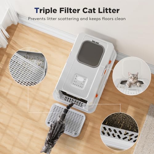 FURTIME Stainless Steel Litter Box with Lid, Enclosed Metal Cat Litter Box | XL Extra Large, Cat Box with High Sided Enclosure & Scoop, Big Cats, Front & Top Entry, Odor Free, Anti-Leakage, Silver - color: Silver, size: X-large