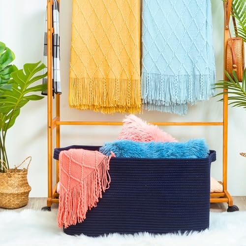 22in Extra Large Blanket Basket Holder Living Room, Rectangle Rope Woven Storage Basket with Handles for Laundry, Pool Towels, and Shoes, Dog Toy Organizer Bin Box, Full Navy - color: Full Navy Blue