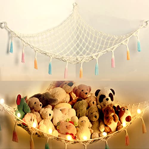 Stuffed Animal Net or Hammock with Light,Yewiwin Macrame Hanging Net Hammock for Stuffed Animal Toy Storage Organizer Boho Decor Room Holder for Nursery Play Room Bedroom (Beige) - color: Beige(42"*42"*57")