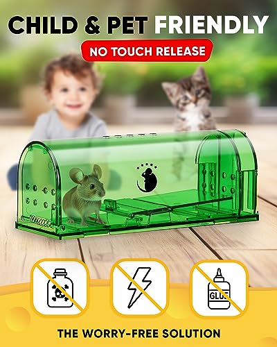 Motel Mouse Humane No Kill Mouse Traps Live Catch & Release - 4 Pack | Imrpoved Tail Protection • Kid & Pet Friendly • No Touch Release • Reusable Design • Easy to Use - color: Regular Green 4 Pack