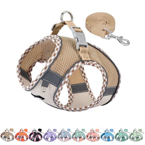 Teacup Puppy Harness with Leash - Adjustable Soft Vest with Magic Tape & Reflective Safety Strips, Easy-Put-On for Poodles, Pomeranians - Gym, Hiking, Travel (Brown-Beige, S) - color: Brown-Beige, size: S(Chest: 13.5 - 15")