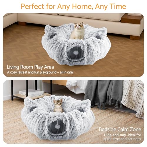 Cat Tunnel Cat Bed for Indoor Cats,Christmas Tree cat Tunnel 3-in-1 Foldable Plush Donut Tunnel with Washable Cushion, Peekaboo Cat Cave with Ears for Kittens, Puppy, Rabbit (Gray) - color: Gray