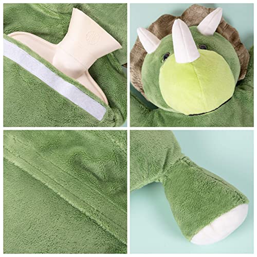 HomeTop Premium Classic Rubber Hot Water Bottle with Triceratops Cover | Natural rubber hot water bottle,Long-lasting heat retention,Snuggly all-night warmth - color: Green/Triceratops