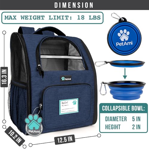 PetAmi Dog Backpack Carrier Airline Approved Cat Pet Puppy Bag, Navy | Ideal for Small Medium Large Pet up to 18 lb, 2 Side Entry Structured No-Collapse Frame, Ventilated Bookbag for Hiking Travel - color: Heather Navy