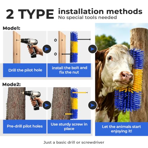 2 Packs Livestock Scratching Brush, Goat Brush Horse Grooming Kit | Stiff Bristle, Itch Relief, Self-grooming, Full Massage, Livestock Scratch Brush Set with 8 Screws, Cleaning Tool and Gloves - color: Blue