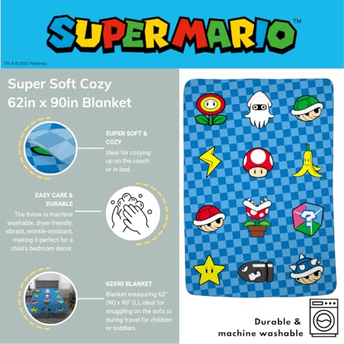 Super Mario Bros. Kids Bedding Super Soft Cozy Throw Blanket, 62 in x 90 in, (Officially Licensed Product) By Franco Kids - color: Super Mario Checkered, size: 62 in x 90 in