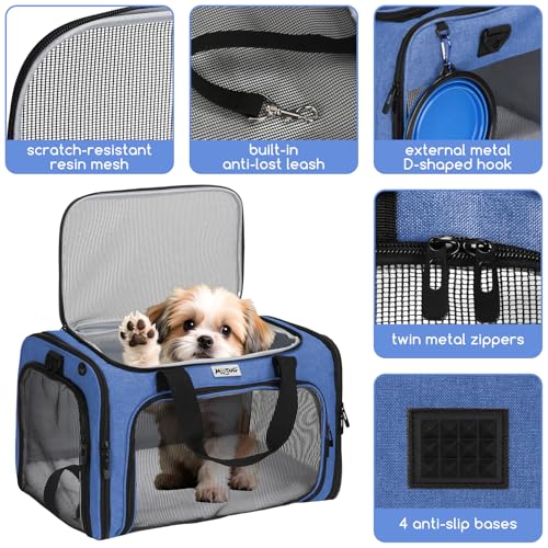 Pet Carrier for Cats & Small Dogs, Travel Carrier with Anti-Collapse Support, Chew Resistant Buckles, Luggage Sleeve, Multi-Pocket Storage, Reversible Mat & Bowl (Blue, Medium (17.5"x11"x11.5")) - color: Blue