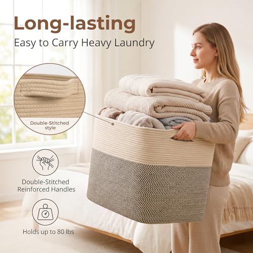 OIASKET 108L Cotton Rope Storage Basket for Living Room and Bedroom 25"x16"x16" Woven Laundry Basket, Heavy Duty Bin for Blankets, Pillows & Toys, Pet-Safe & Scratch-Free, Brown and Black - color: Brown & Black