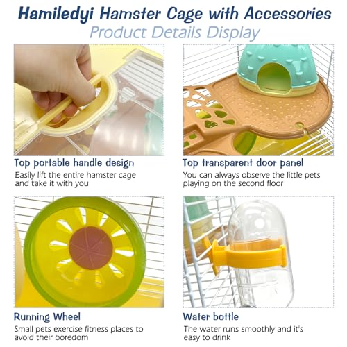 Hamiledyi Portable Hamster Cage 2 Layers Dwarf Hamster Habitat 10.90”L*8.07”W*9.84”H Small Animal Travel Cage with Exercise Wheel Hamster Enclosure Mouse Cage for Hamsters Mice Gerbils Tiny Pets - color: Yellow