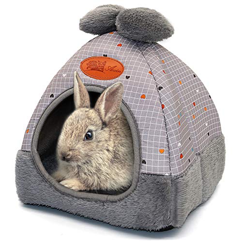 YUEPET Bunny Bed, Rabbit Hideout, Guinea Pig Cave, Grey Grid with Bow | Bunny Hideout, Removable Cushion, Foldable Sofa Use, Enclosed Cave, Foldable for Storage, Indoor Cage Use