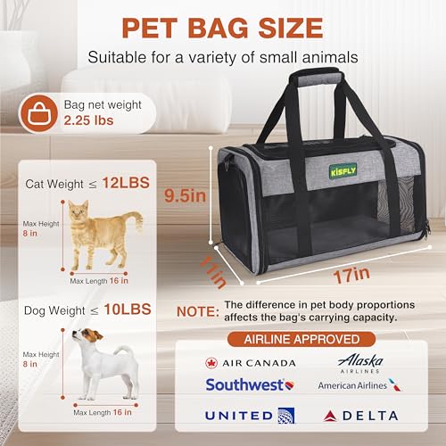 Foldable Cat Carrier 17"x11"x9.5", Soft-Sided Airline Travel Bag | Portable soft pet carrier with scratch-resistant mesh, easy top access and compact folding design for cats up to 12 lbs. - color: Gray, size: 17x11x9.5 In
