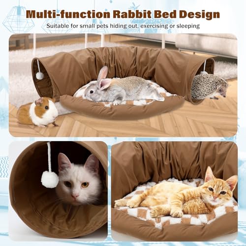 BWOGUE Bunny Tunnel Bed, Collapsible Rabbit Tunnel Hideout with Mat, Coffee | Removable Mat for Washing, Ball Toy for Play, Tunnel Tubes for Hiding, Soft Suede Fabric, Cats Rabbits Guinea Pigs - color: Coffee