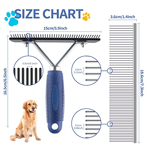 Long Tooth Grooming Undercoat Rake + Stainless Steel Shedding Comb | Deshedding Brushes for Large Pet Horse Longhair Cat, German Shepherd Husky Brush, Dual-Density Straight Comb for Detangling