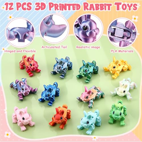 Honoson 12 Pcs 3D Printed Animals 5-7cm, Rabbit | Articulated Fidget Animals, Flexible 3D Printed Figures for Stress Relief, Cute Mini Joints for Party Favors and Display - size: 5-7cm, style: Rabbit