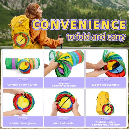 Bunny Tunnels & Tubes Collapsible 3 Way Rabbit Hideout with 13pcs Toys for Bunny Guinea Pig Hamster Chinchilla Hedgehog Rat Ferret Kitten (Colorful) - color: Colorful