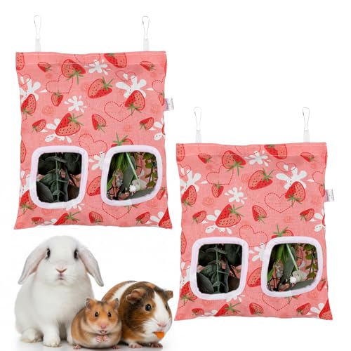 2pcs Bunny Hay Bag, 2-Hole Rabbit Hay Bags, 13.78 X 9.45in Hay Bag for Guinea Pigs, Hanging Guinea Pig Hay Holder for Guineas Pigs Bunny, Small Pets (Pink Strawberry)