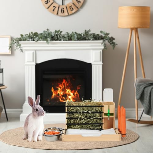 Rabbit Hay Feeder, 4 in 1 Wood Guinea Pig Hay Feeder Bunny Hay Holder with Litter Box 500ml Water Bottle 2 Food Bowl Small Animals Stuff for Cages for Chinchillas Hamster Dwarf Rabbit Ferrets