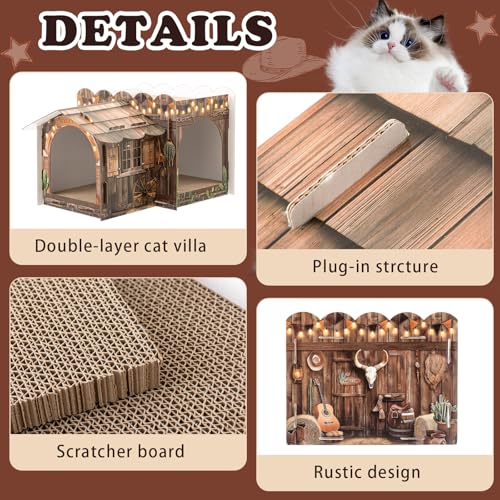 Lineshading 2 Story Cardboard Cat House with Scratcher Pad, Multi Level Durable Cat Scratcher House for Small Kitten Bunny Rabbit Animals Christmas Birthday Gift(17x12x10,Western) - style: Western