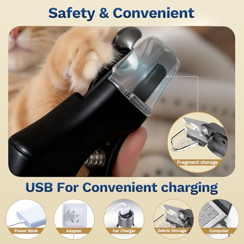 2 in 1 Dog Nail Clippers & Cat Nail Clippers Trimmers for Large Medium Small Dogs Cats Claw Trimmer Quick Sensor and Safety Guard USB Rechargeable Dogs Nail Trimmer with Catcher & 2 LED Lights - color: Black