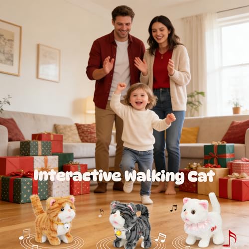 Easfan Walking Kitty Cat Stuffed Animal Talking Plush Toy for Kids | Wagging leash tail, Interactive , electric musical birthday holiday gifts, for toddlers - style: Tabby cat