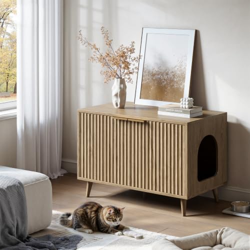 Evermagin 31.5" Cat Litter Box Enclosure Furniture with Legs | Oak Hidden Litter Box Cabinet, Modern Indoor Cat House, Fluted Kitty End Table for Living Room, Bedroom, Entryway - color: NA Oak