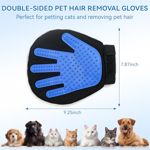 Pet Hair Removal Glove for Dogs & Cats, 2-in-1 Dual-Sided Electrostatic Pet Hair Remover with Silicone Grooming Brush, Reusable for Furniture, Clothes, Couch, Carpet & Car Seat - color: Silver Blue