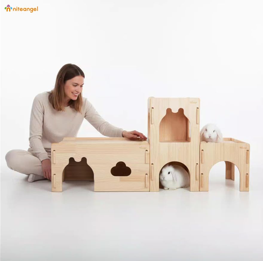 Niteangel Wooden Rabbit Castle and Hideout - Spacious and Breathable Bunny House Tunnel for Rabbit Chinchilla Guinea Pigs or Other Small-Sized Pets (Full Set Castle)