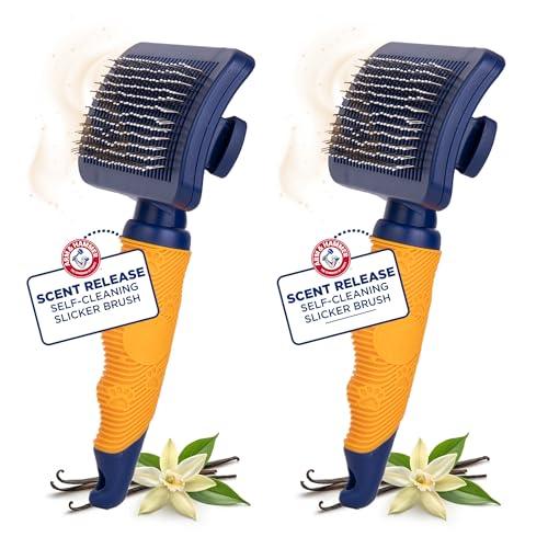 Arm & Hammer Deodorizing Slicker Dog Brush, Sweet Lily & Vanilla, 2-Pack | Fragrance transfer technology, baking soda infused, self-cleaning button, removes loose fur and tangles - size: 2-Pack, style: Slicker Brush - Sweet Lily & Vanilla