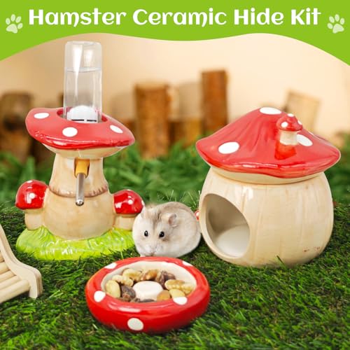 BNOSDM 3-in-1 Ceramic Hamster Hideout, Food Bowl, Water Bottle with Stand - Mushroom Shape - Red - color: Red Hideout Trio