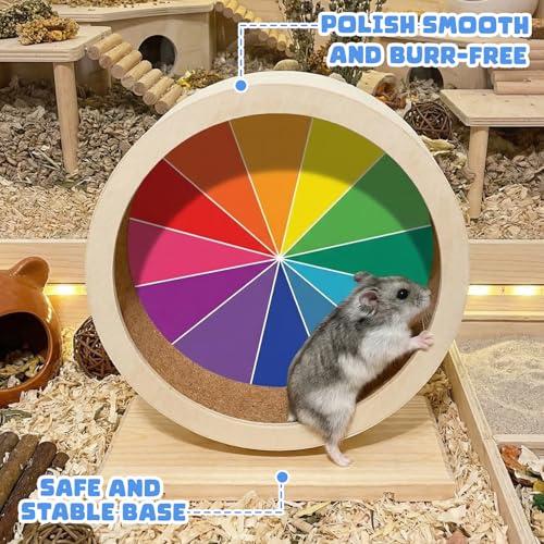 7 Inch Hamster Wooden Silent Wheel, Rainbow Printed Small Animal Exercise Wheel, Quiet Spinner Hamster Running Wheels Prevent Depression Toys for Hamsters, Gerbils, Mice and Other Small Pets - size: Small