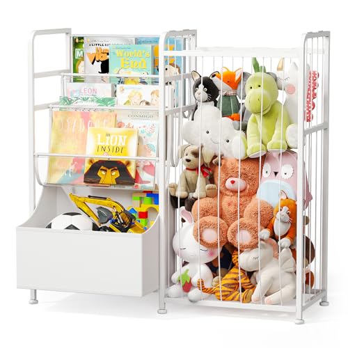 BBLIKE Kids Bookshelf and Stuffed Animal Storage - Multi-Function Nursery Book Shelves with Leather Toy Box and PVC Book Display, Toy Organizer for Playroom, Bedroom, Nursery, White - color: White