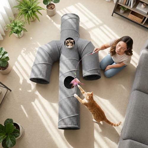 Ownpets Cactus Cat Tunnel 10" with Peek Holes for Indoor Large Cat, Grey | Durable Oxford fabric, noise-free, foldable & connectable, multi-cat friendly, tube for cats up to 20lb, includes ball & wand - size: 10 Inches in Diameter
