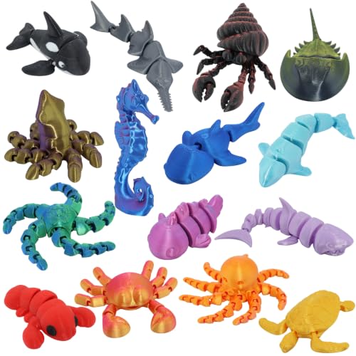 15 Pack 3D Printed Sea Animal Toys with Educational Cards, Articulated Ocean Animal Figurines and Fidget Desk Pets for Kids Ages 3-8, Birthday Gifts, Classroom Prizes & Desktop Decor