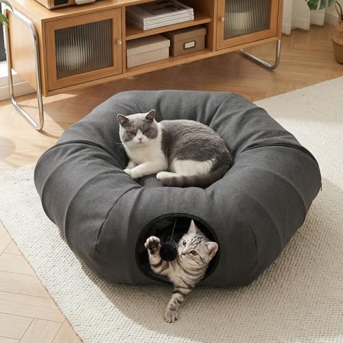 Cat Tunnel Bed for Indoor Cats, Cooling Natural Linen Cat Tunnel 29.5in | Breathable Kitten Toys Cat Tunnel with Washable Mat, Round Pet Tunnel for Kittens, Squirrels Dark Grey - color: Dark Grey, size: Medium