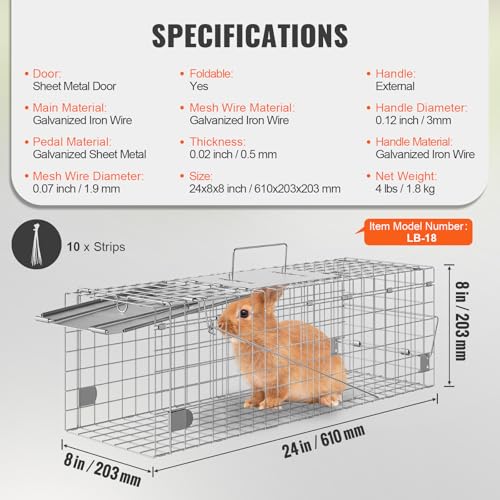 VEVOR Live Animal Cage, 24" x 8" x 8" Humane Cat Cage Galvanized Iron, Folding Animal Cage with Handle - size: 24" x 8" x 8"