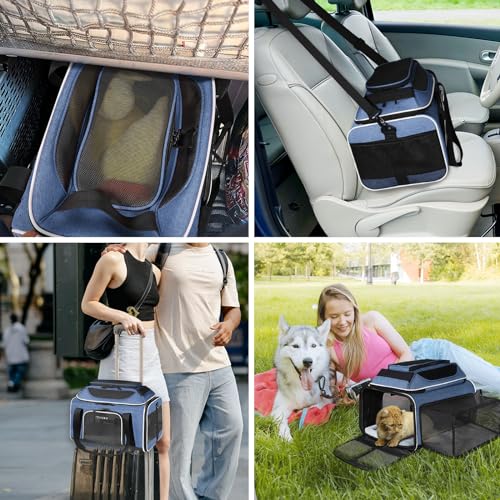 Top and Side Expandable Small Pet Carrier Airline Approved, Blue | 17"Lx11"Wx9.5"H, for Alaska Airlines, Pets Under 10 Lbs, Lockable Zippers,Soft-Sided, Anti-Scratch Mesh - color: Blue, size: 17.0"L x 11.0"W x 9.5"H
