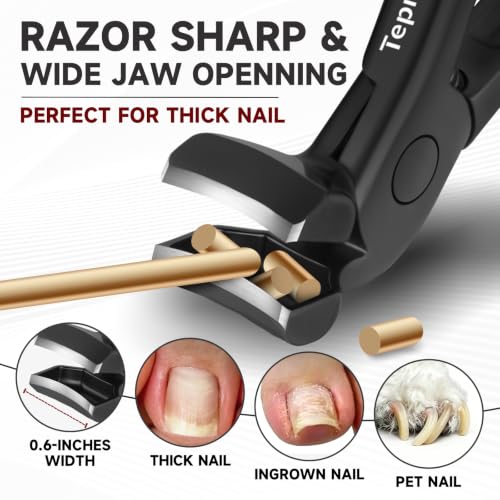 3Pcs Ergonomic Long Handle Toenail Clippers for Seniors for Thick Nail | 4.75in Angled Head Wide Jaw Opening Nail Clippers with Meta and Glass Nail File for Men Women, Fingernail Cutter with Catcher