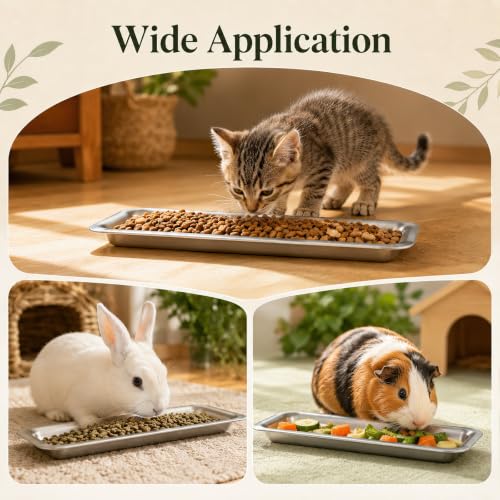 2 Pack Stainless Steel Pet Feeding Trays, 15.7 x 4.9 in Long Rectangular Metal Food Bowls, Wide Shallow Dishes for Cats, Rabbits, Guinea Pigs, Puppies, Small Animals, Multi Pet Homes
